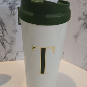 Kate Spade Green and White Initial "T" Thermal Travel Mug